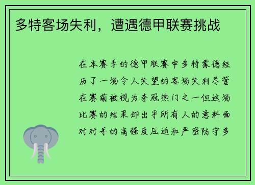 多特客场失利，遭遇德甲联赛挑战